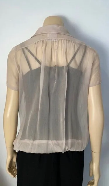 Chanel 04C 2004 Cruise Silk Chiffon Short Sleeve Sheer Drawstring Beige Ecru Blouse Top FR 36 US 2/4