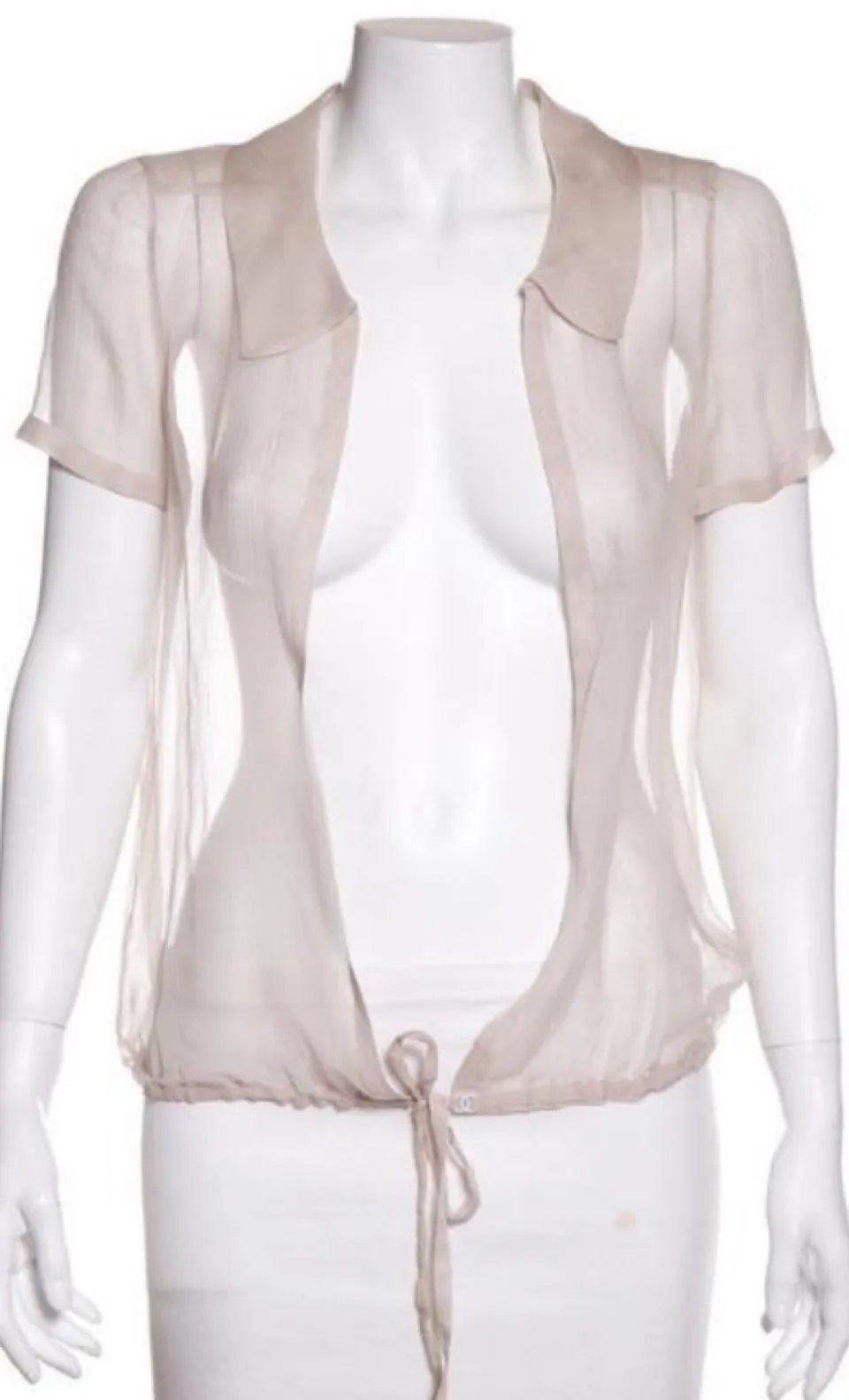 Chanel 04C 2004 Cruise Silk Chiffon Short Sleeve Sheer Drawstring Beige Ecru Blouse Top FR 36 US 2/4