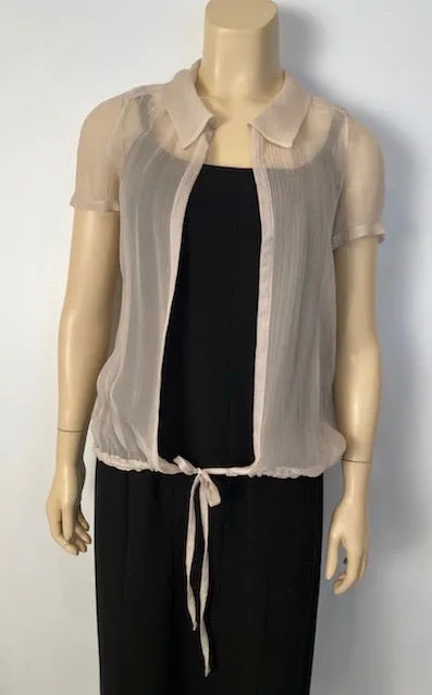 Chanel 04C 2004 Cruise Silk Chiffon Short Sleeve Sheer Drawstring Beige Ecru Blouse Top FR 36 US 2/4