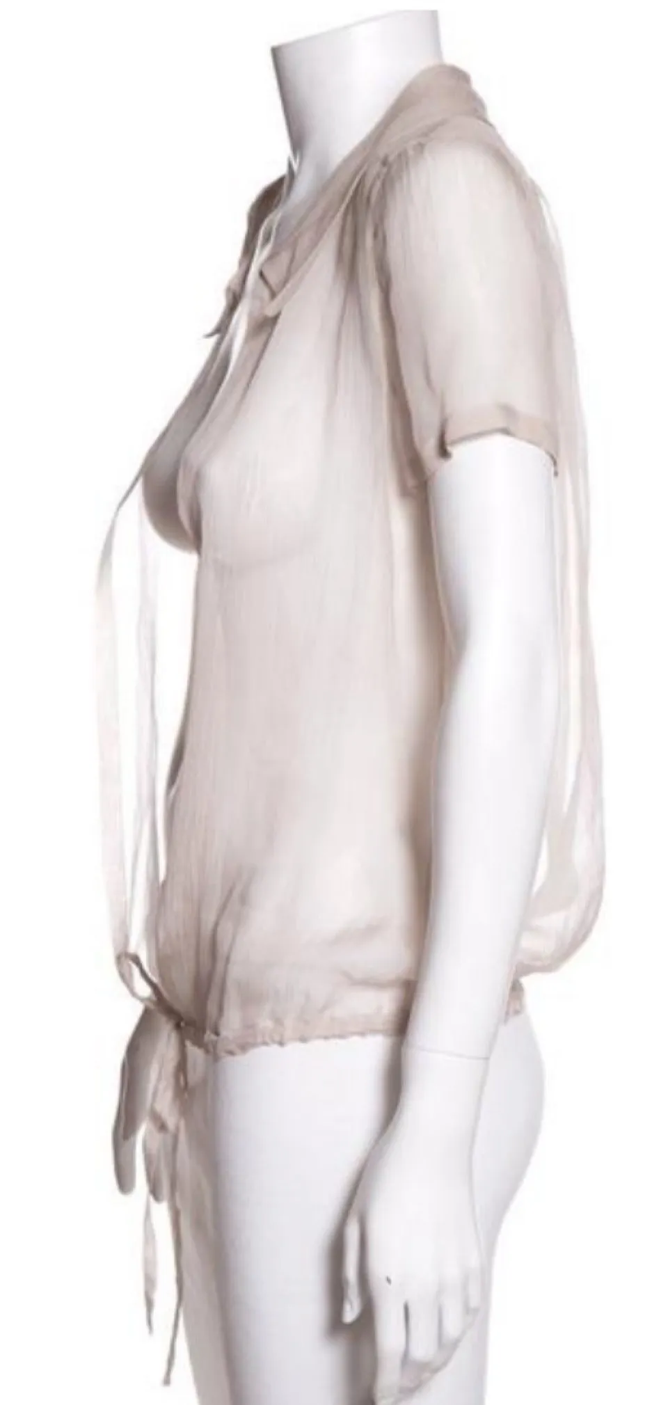 Chanel 04C 2004 Cruise Silk Chiffon Short Sleeve Sheer Drawstring Beige Ecru Blouse Top FR 36 US 2/4