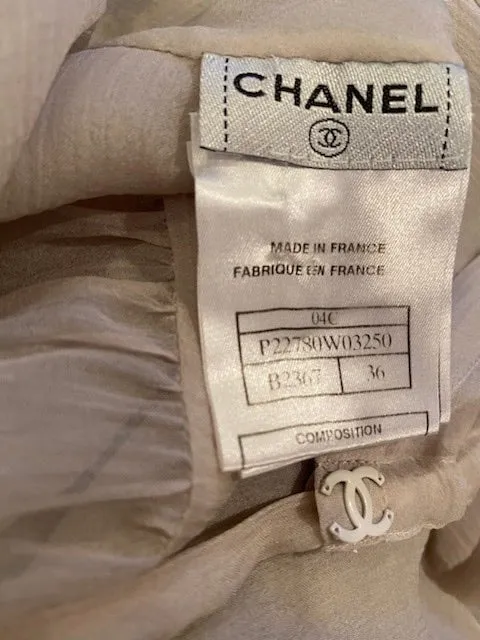 Chanel 04C 2004 Cruise Silk Chiffon Short Sleeve Sheer Drawstring Beige Ecru Blouse Top FR 36 US 2/4