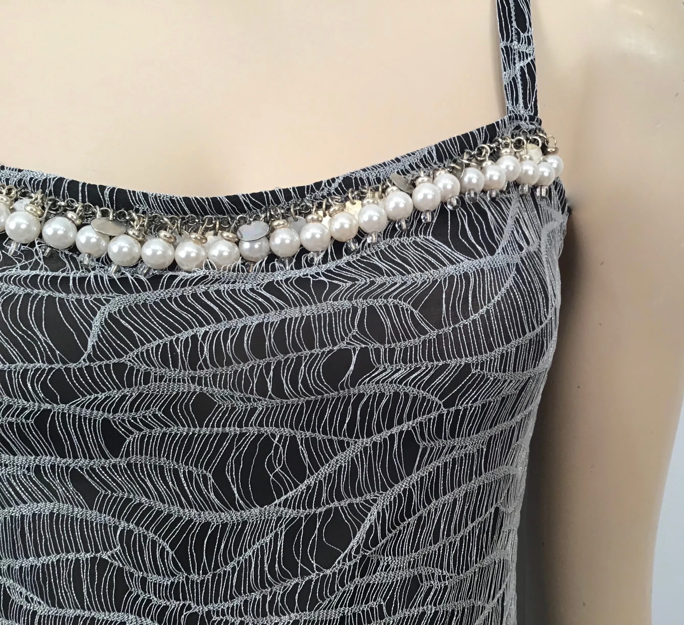 Chanel 05A 2005 Fall pearl trim Lace overlay Black Tank Top Camisole Blouse FR 40 US 6