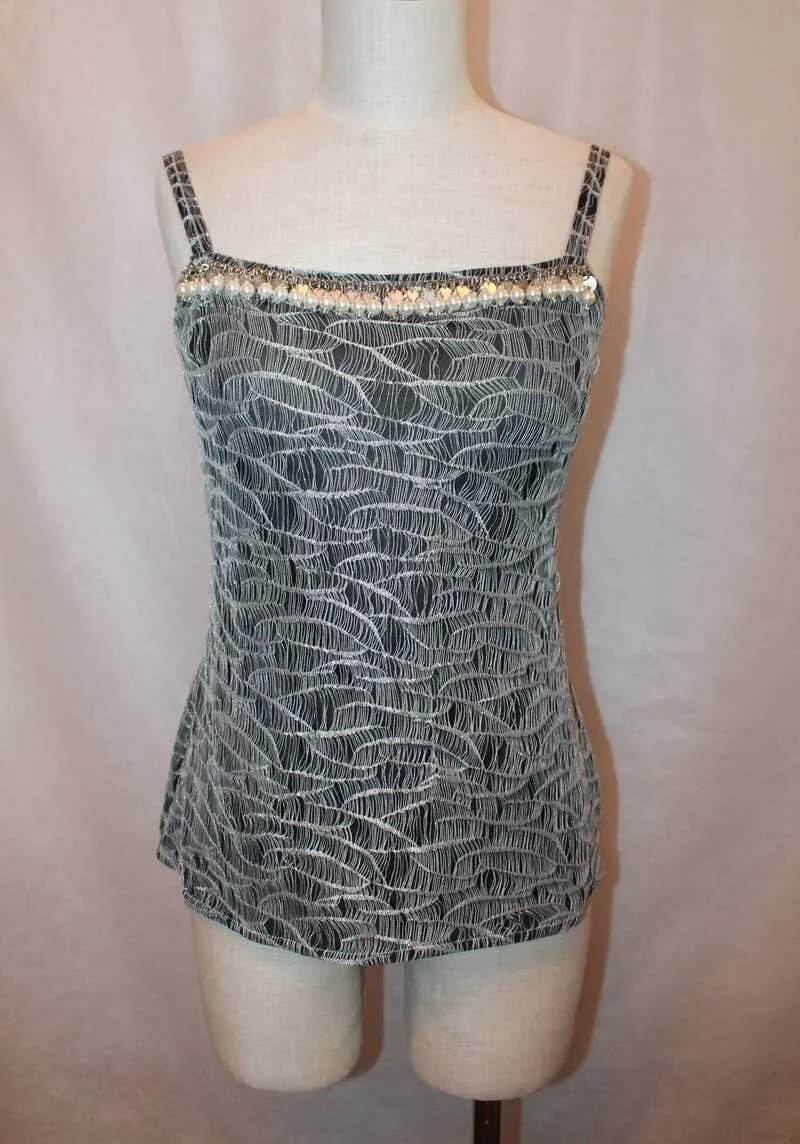 Chanel 05A 2005 Fall pearl trim Lace overlay Black Tank Top Camisole Blouse FR 40 US 6