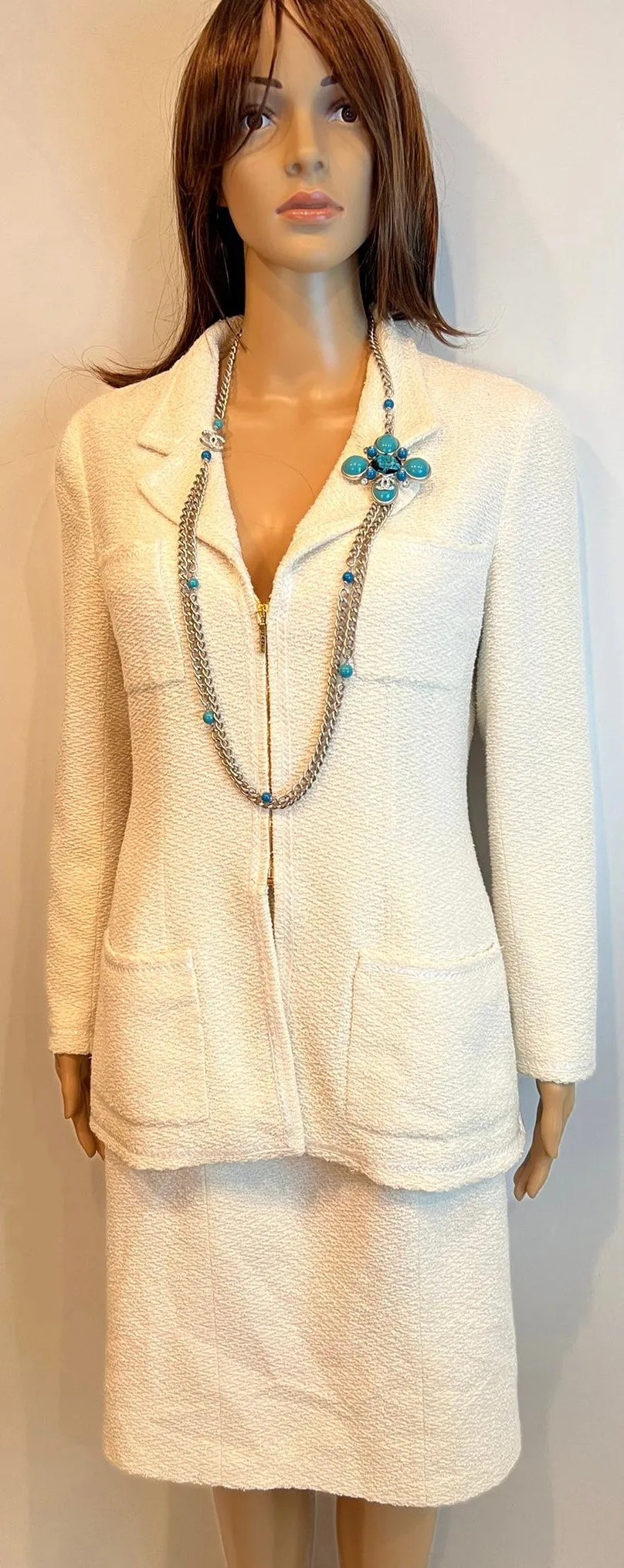 Chanel 07A 2007 Fall Turquoise Multi-Strand Tweed Crystal CC Silver Metal Necklace/Belt/Pin/Brooch