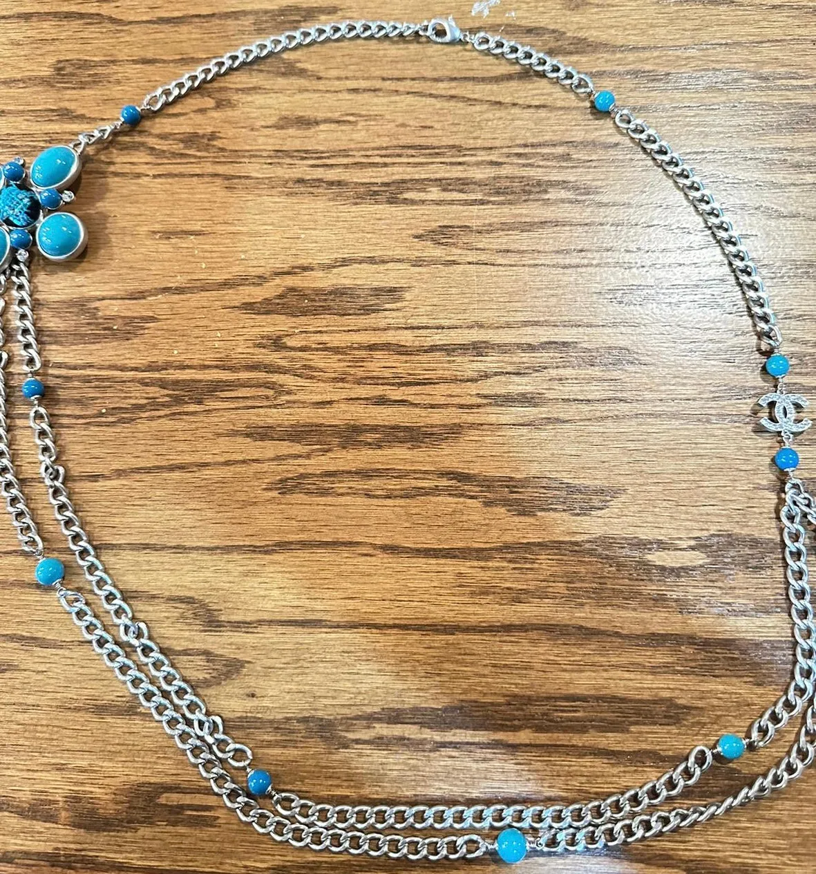 Chanel 07A 2007 Fall Turquoise Multi-Strand Tweed Crystal CC Silver Metal Necklace/Belt/Pin/Brooch