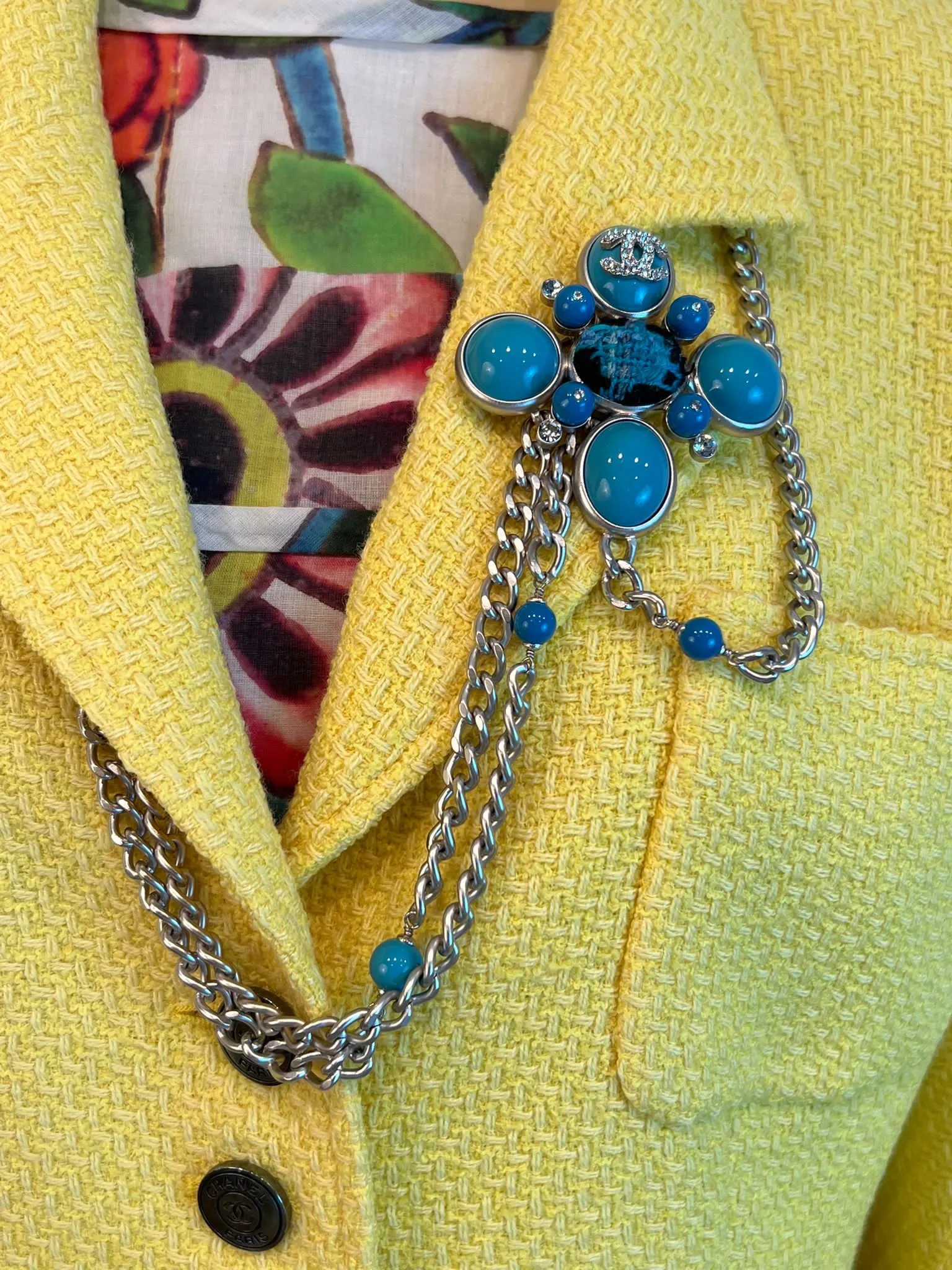 Chanel 07A 2007 Fall Turquoise Multi-Strand Tweed Crystal CC Silver Metal Necklace/Belt/Pin/Brooch