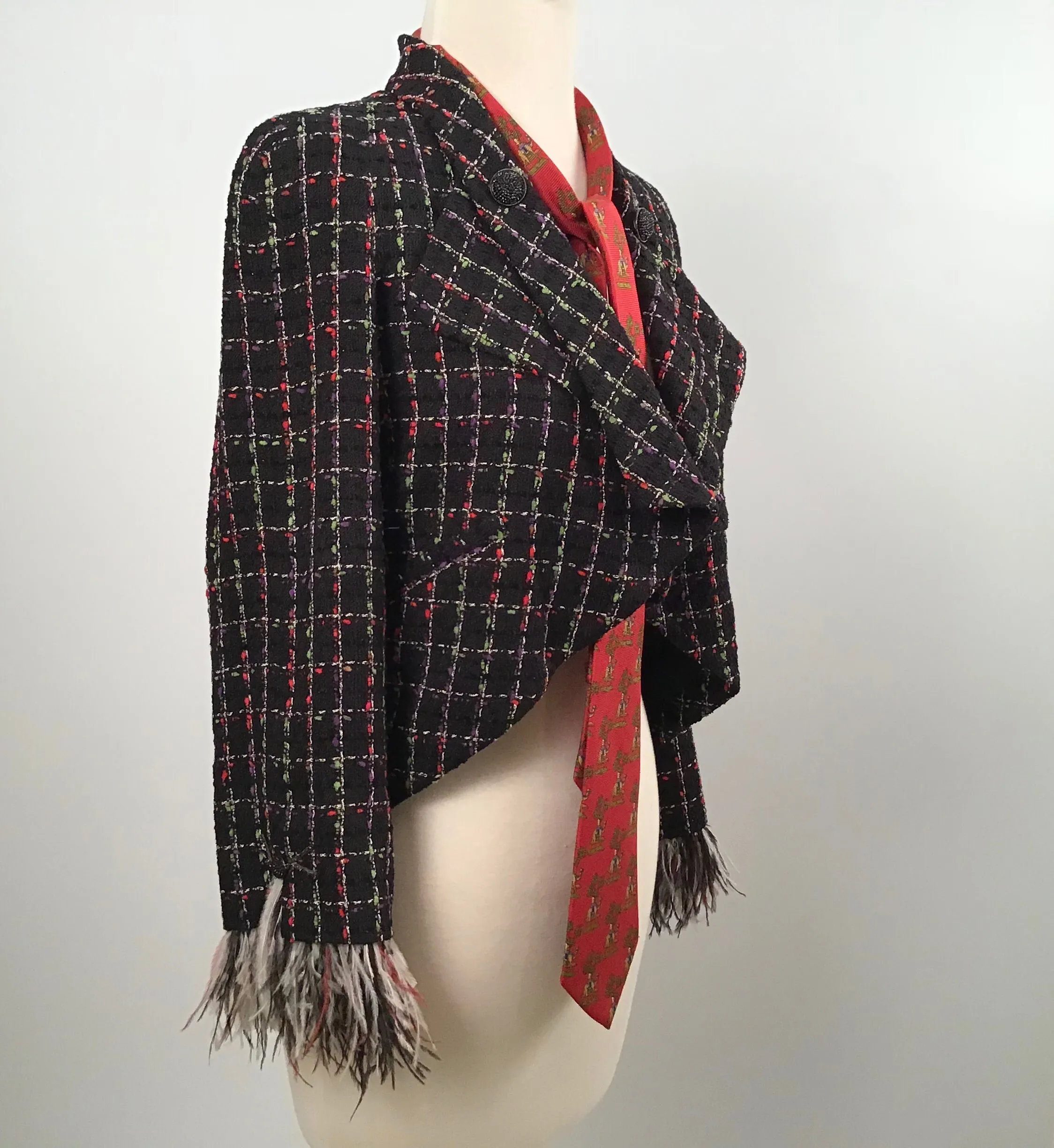 Chanel 11P, 2011 Spring Black Multicolor Tweed Ostrich Feather Trim Blazer Dress Cardigan Jacket FR 38 US 4/6