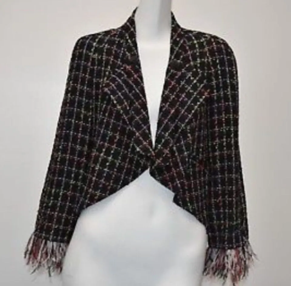 Chanel 11P, 2011 Spring Black Multicolor Tweed Ostrich Feather Trim Blazer Dress Cardigan Jacket FR 38 US 4/6