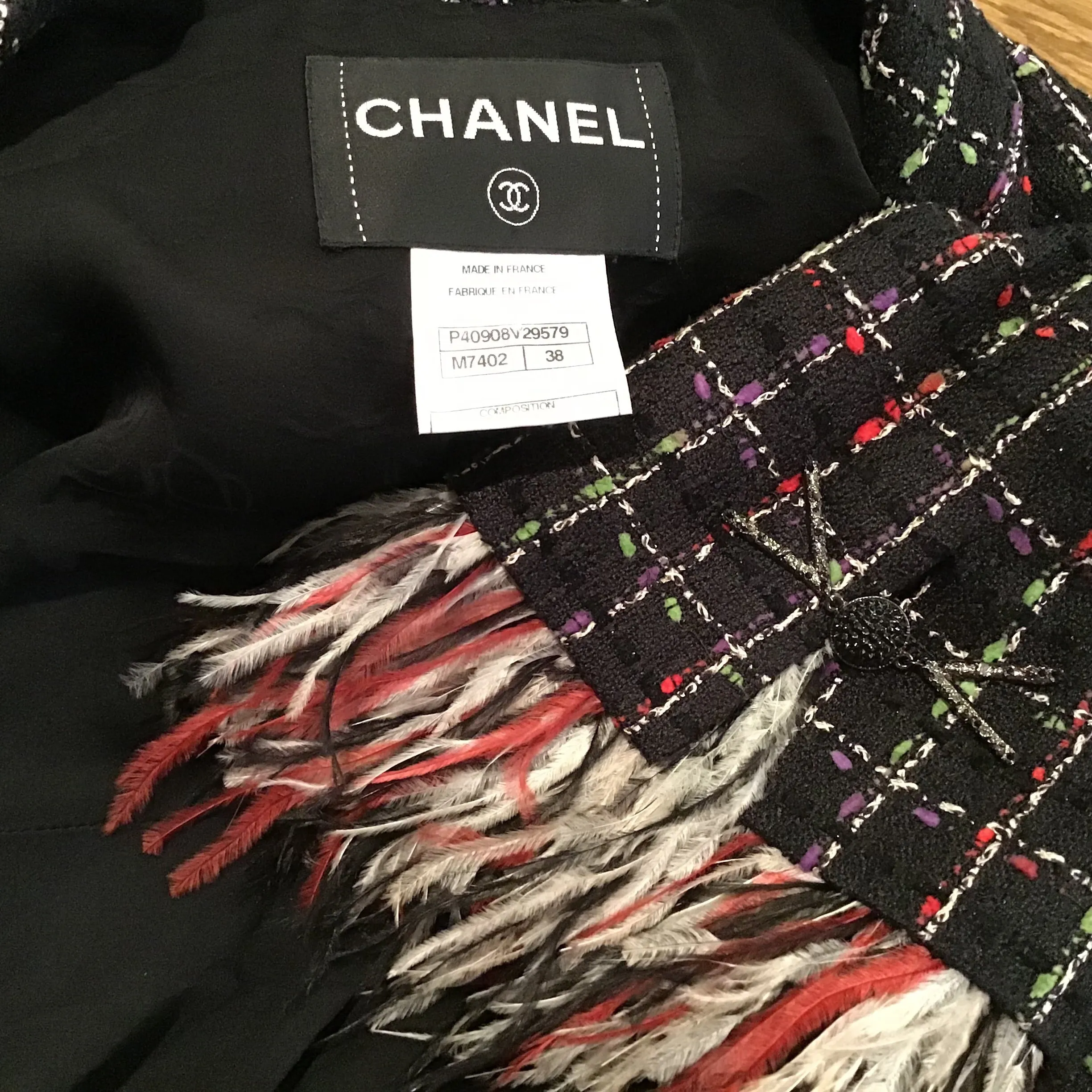 Chanel 11P, 2011 Spring Black Multicolor Tweed Ostrich Feather Trim Blazer Dress Cardigan Jacket FR 38 US 4/6