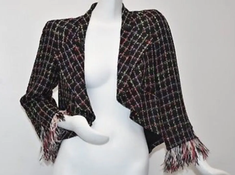 Chanel 11P, 2011 Spring Black Multicolor Tweed Ostrich Feather Trim Blazer Dress Cardigan Jacket FR 38 US 4/6