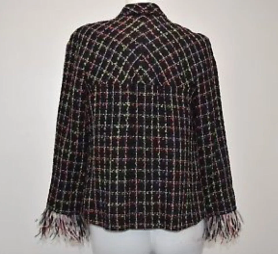 Chanel 11P, 2011 Spring Black Multicolor Tweed Ostrich Feather Trim Blazer Dress Cardigan Jacket FR 38 US 4/6