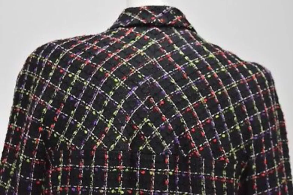 Chanel 11P, 2011 Spring Black Multicolor Tweed Ostrich Feather Trim Blazer Dress Cardigan Jacket FR 38 US 4/6