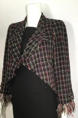 Chanel 11P, 2011 Spring Black Multicolor Tweed Ostrich Feather Trim Blazer Dress Cardigan Jacket FR 38 US 4/6