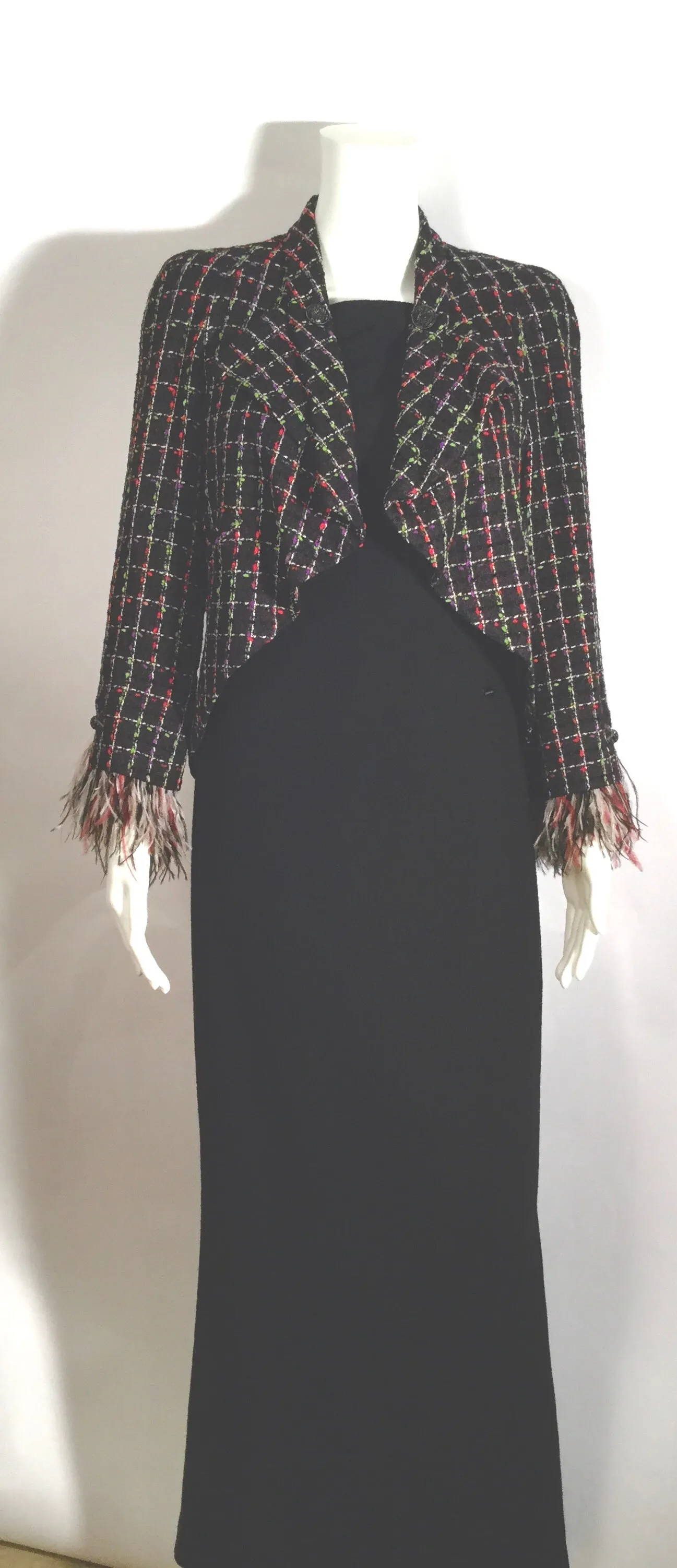 Chanel 11P, 2011 Spring Black Multicolor Tweed Ostrich Feather Trim Blazer Dress Cardigan Jacket FR 38 US 4/6