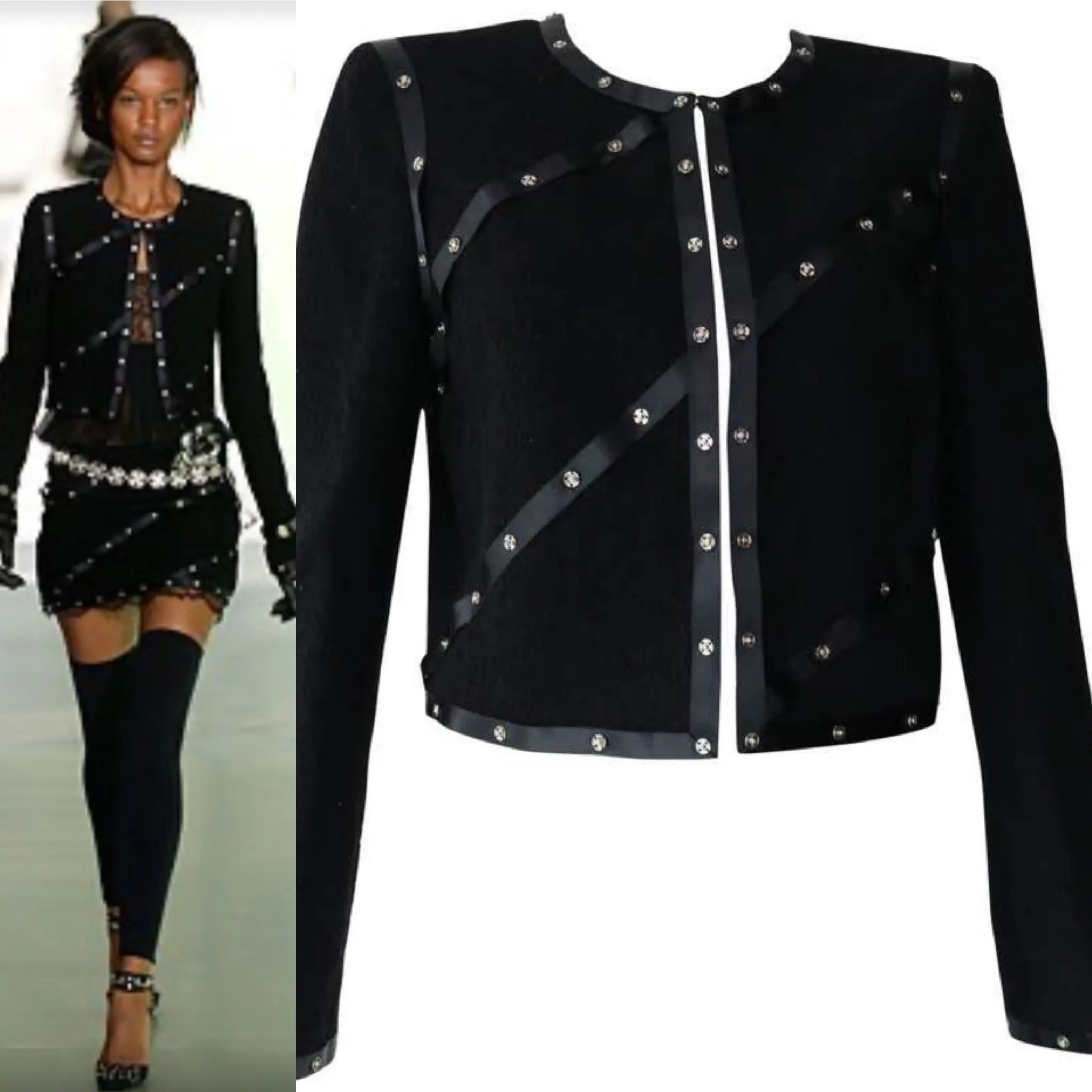 Chanel 2003 Fall 03A black Cropped Boucle Tweed Jacket FR 48 US 10/12