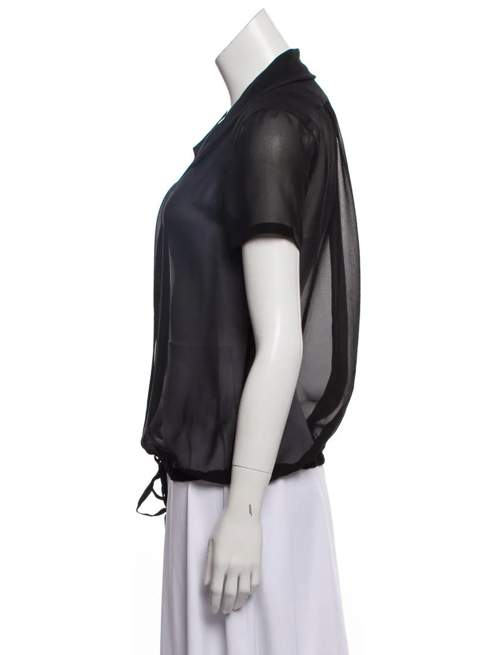 Chanel 2004 Cruise 04C Black Silk Chiffon Short Sleeve Sheer Drawstring Blouse Top FR 36 US 2/4