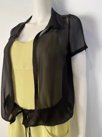 Chanel 2004 Cruise 04C Black Silk Chiffon Short Sleeve Sheer Drawstring Blouse Top FR 36 US 2/4