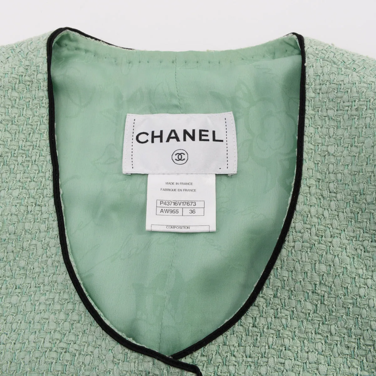 Chanel Green Tweed Belted Jacket FR 36