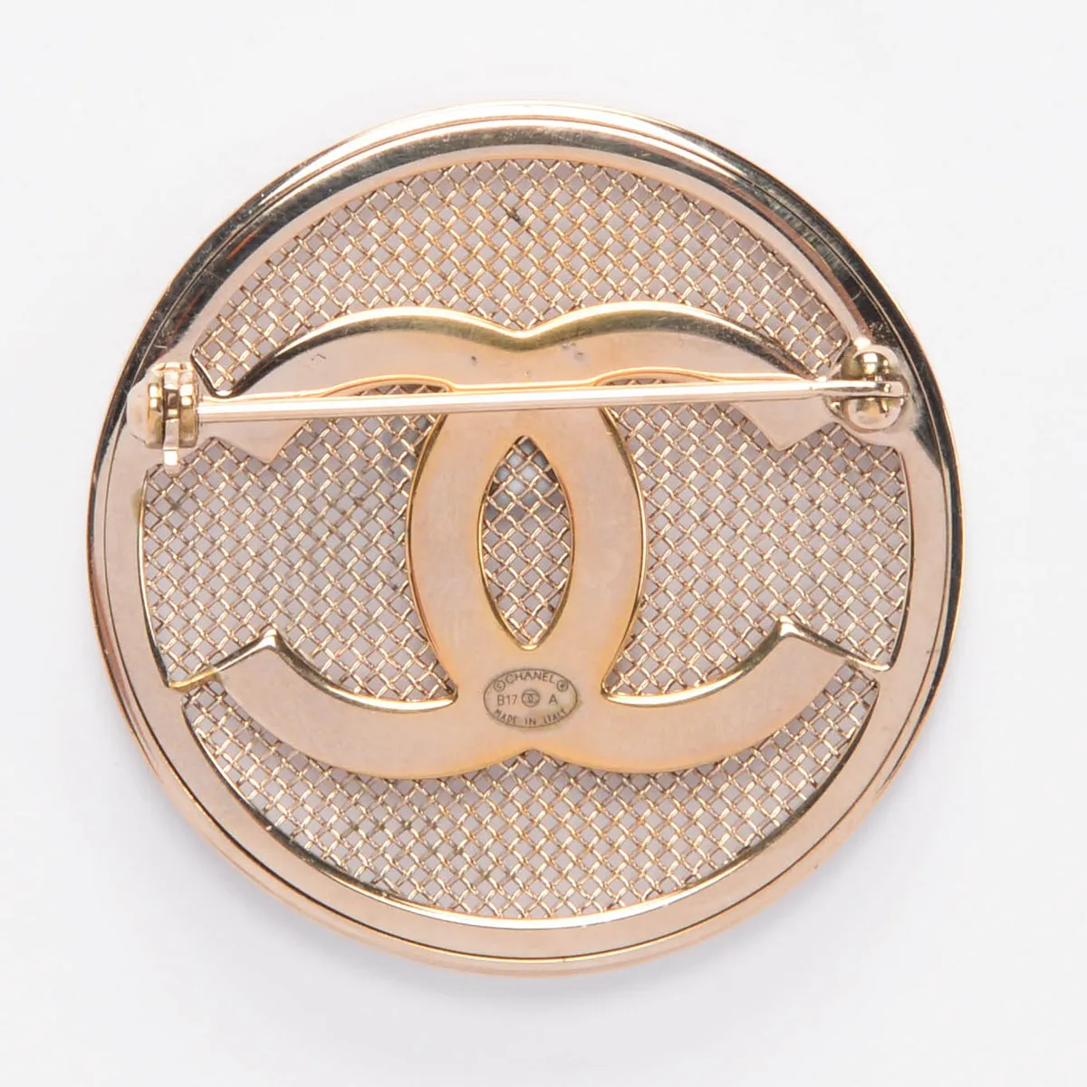 Chanel Light Gold Mesh Round CC Brooch