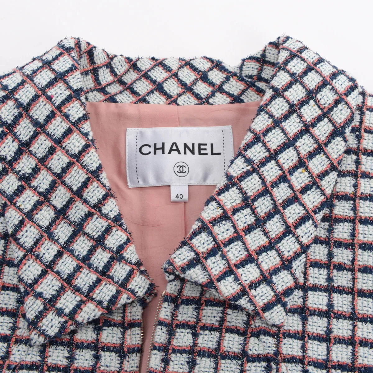 Chanel Pink & Blue Check Tweed Short Sleeve Jacket FR 40