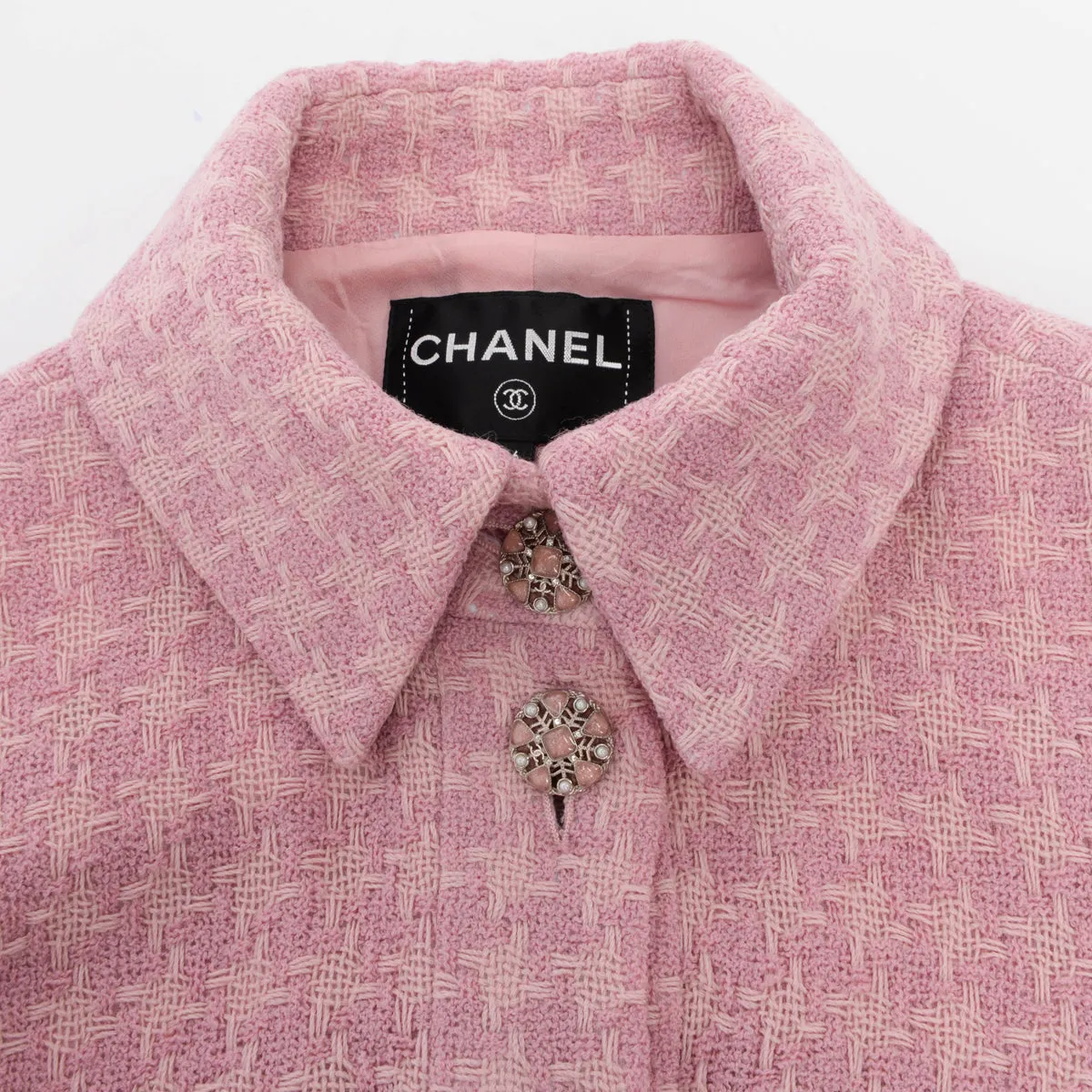 Chanel Pink Boucle Tweed Gripoix Jacket FR 36