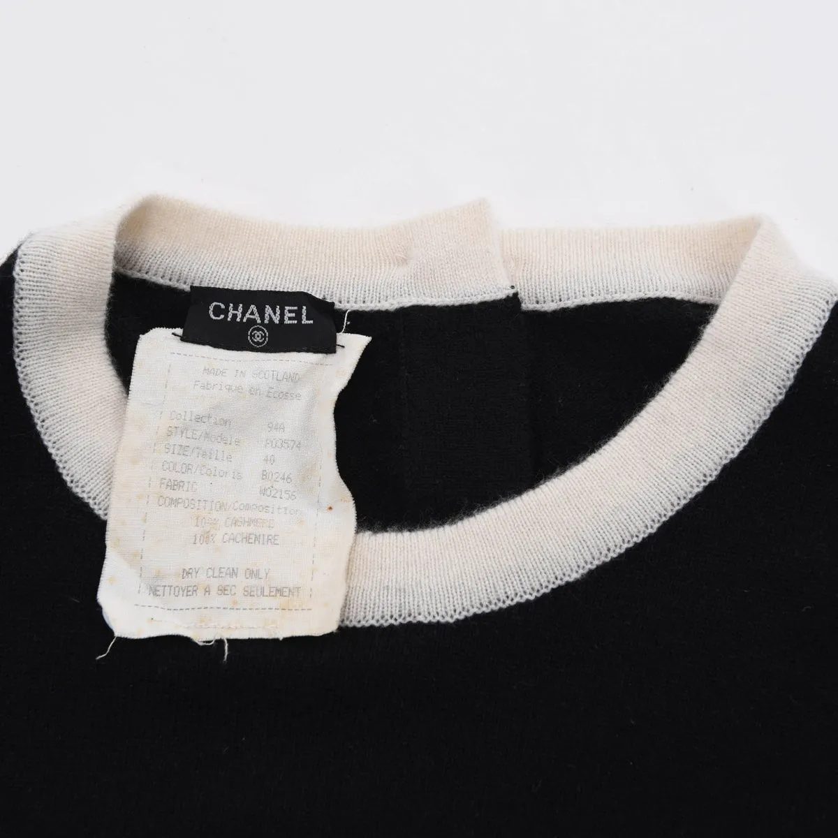 Chanel Vintage Black & White Cashmere Crew Neck Sweater FR 40