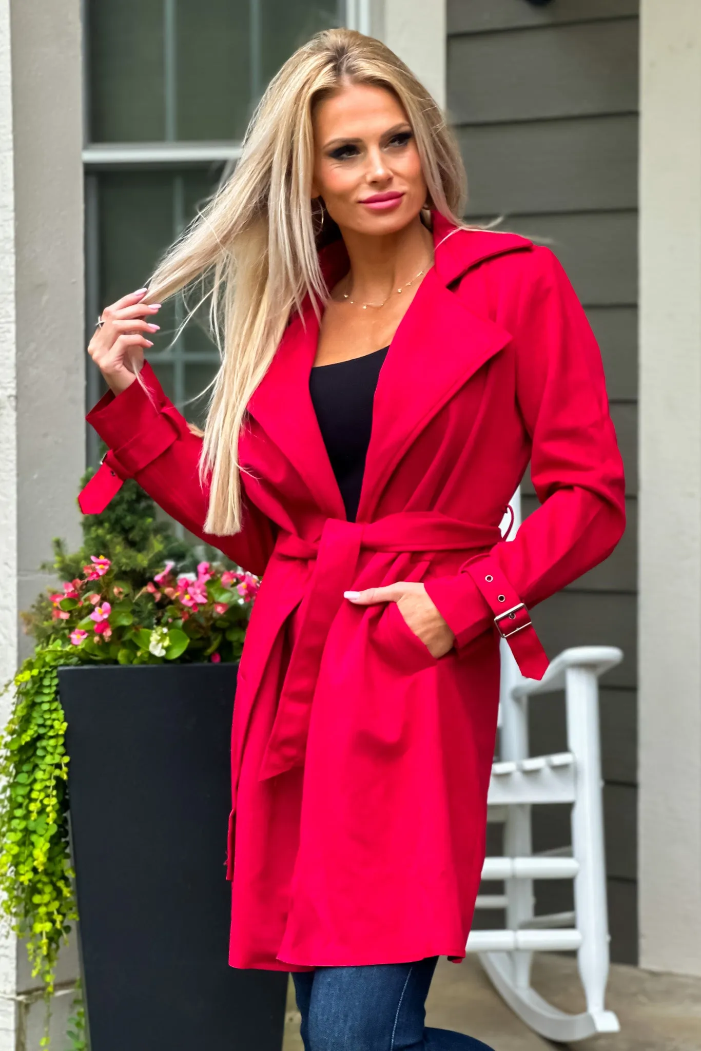 Claudia Faux Suede Belted Coat : Red