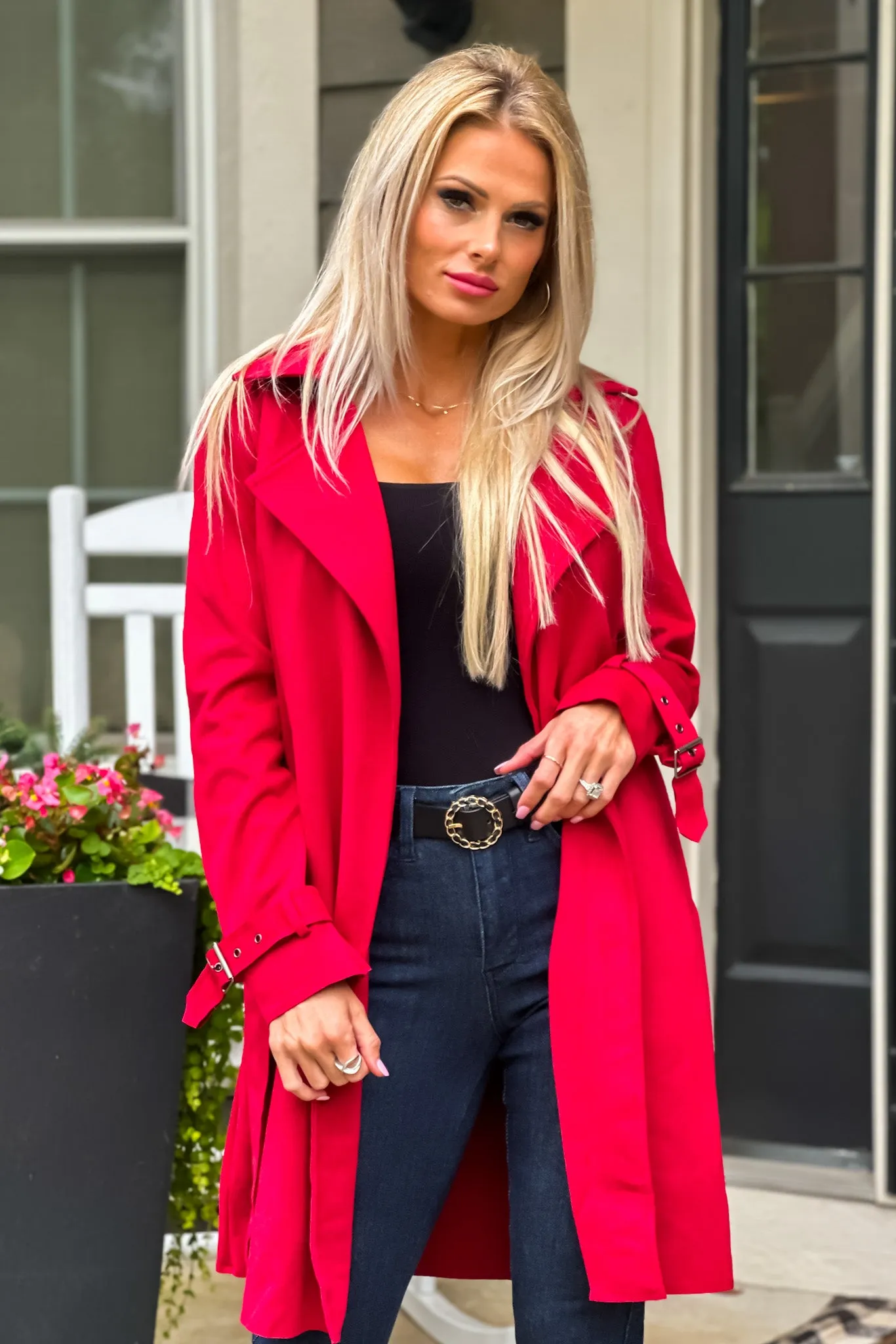 Claudia Faux Suede Belted Coat : Red