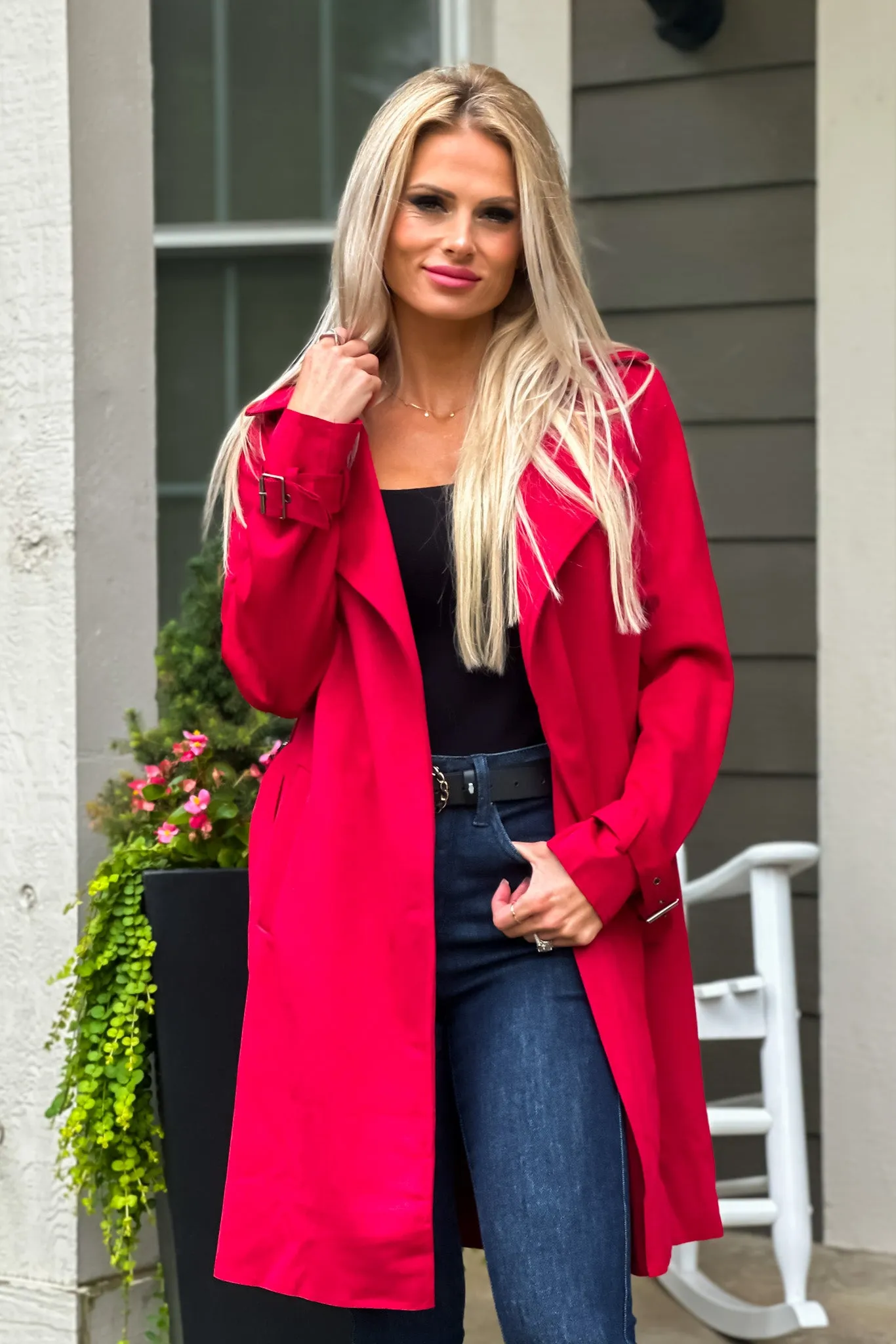 Claudia Faux Suede Belted Coat : Red