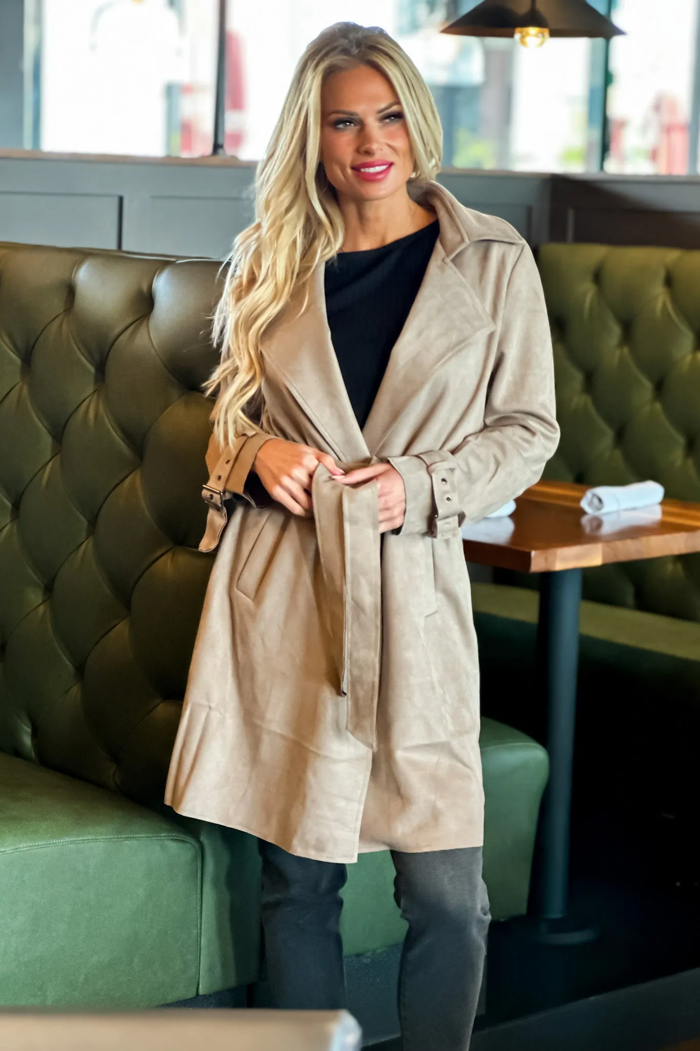 Claudia Faux Suede Belted Coat : Taupe