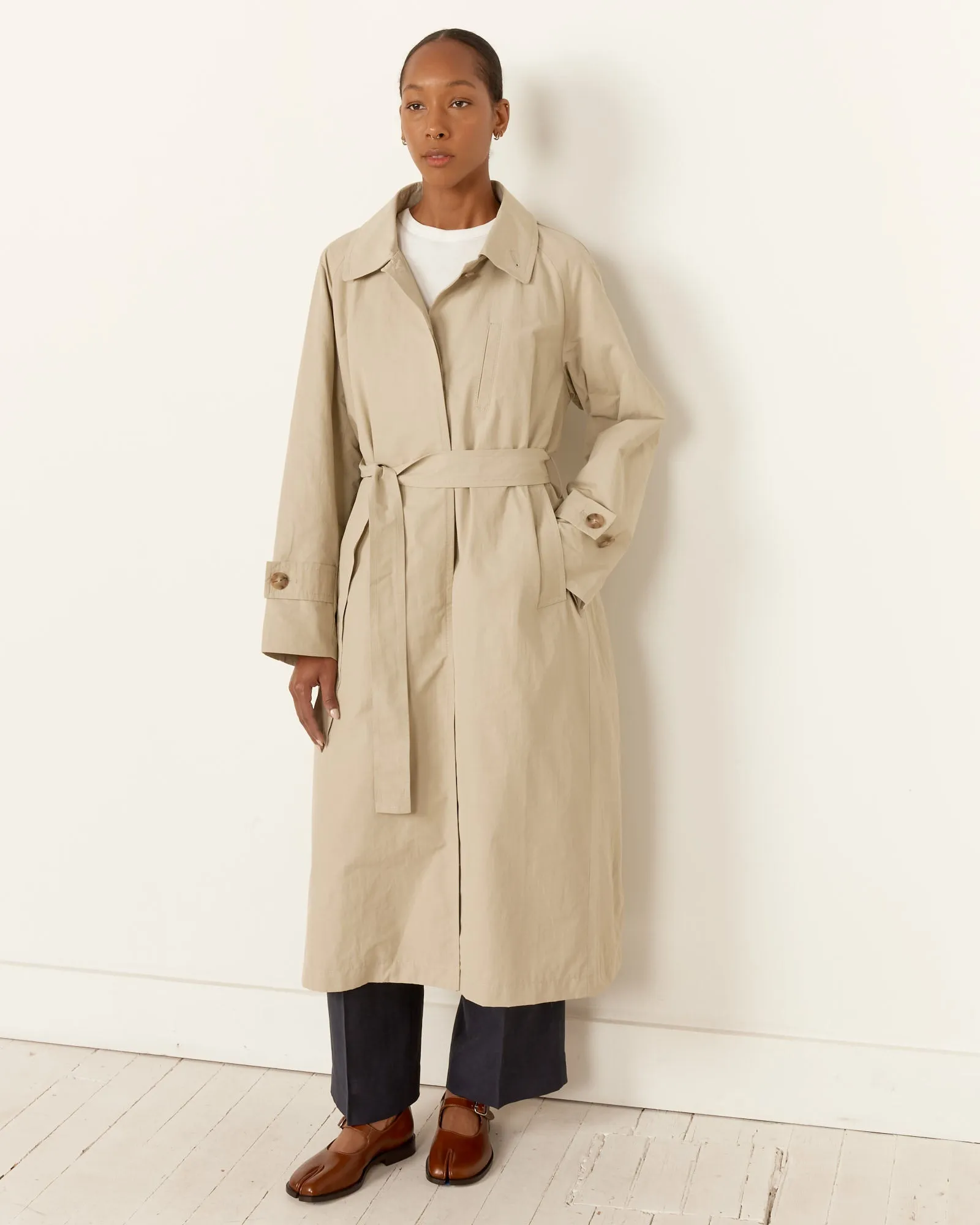 Cotton Blend Long Trench in Stone