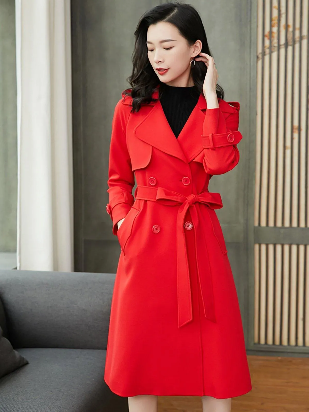 Custom Double Breasted Belted Red Trench Coat