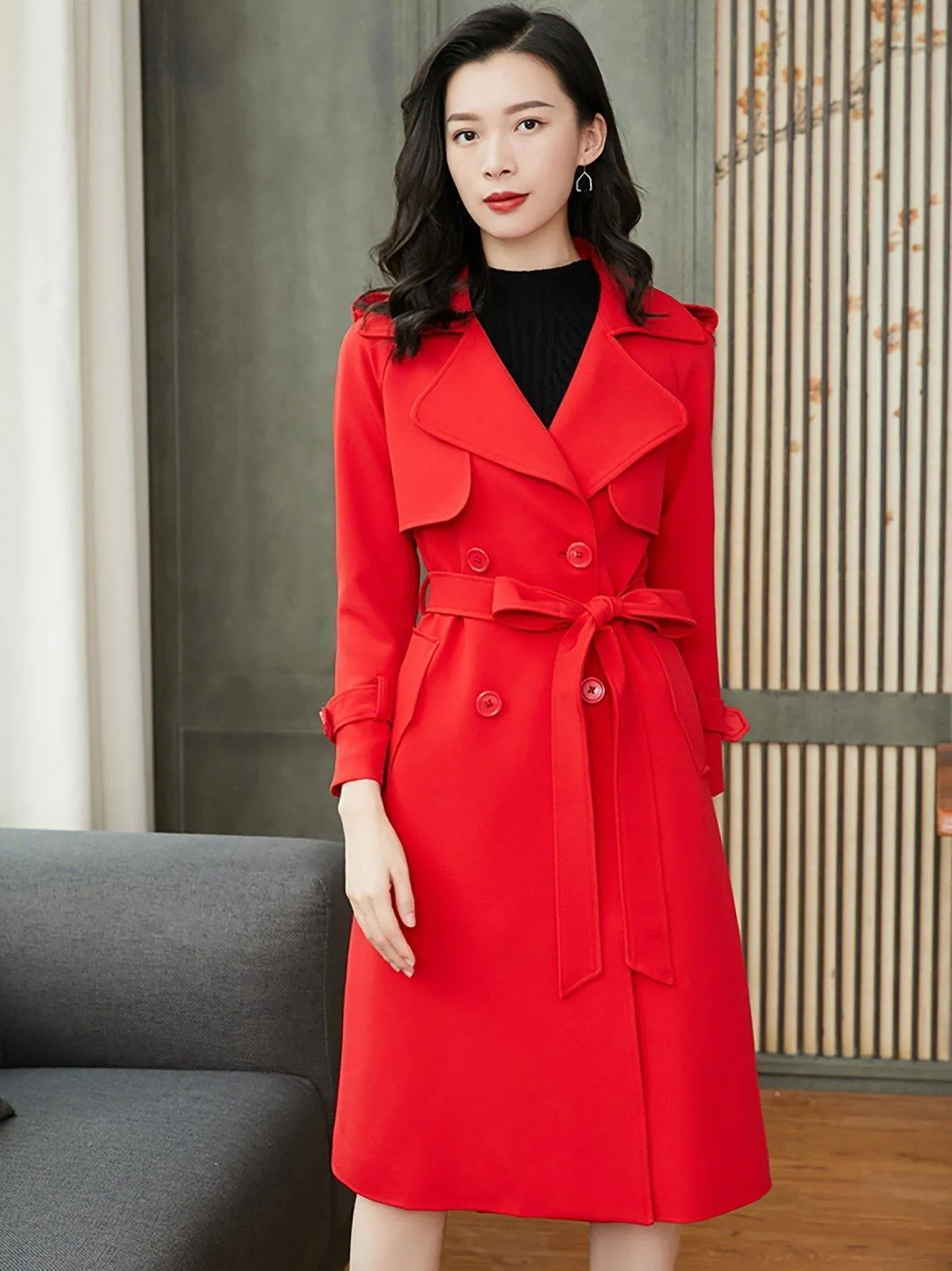 Custom Double Breasted Belted Red Trench Coat