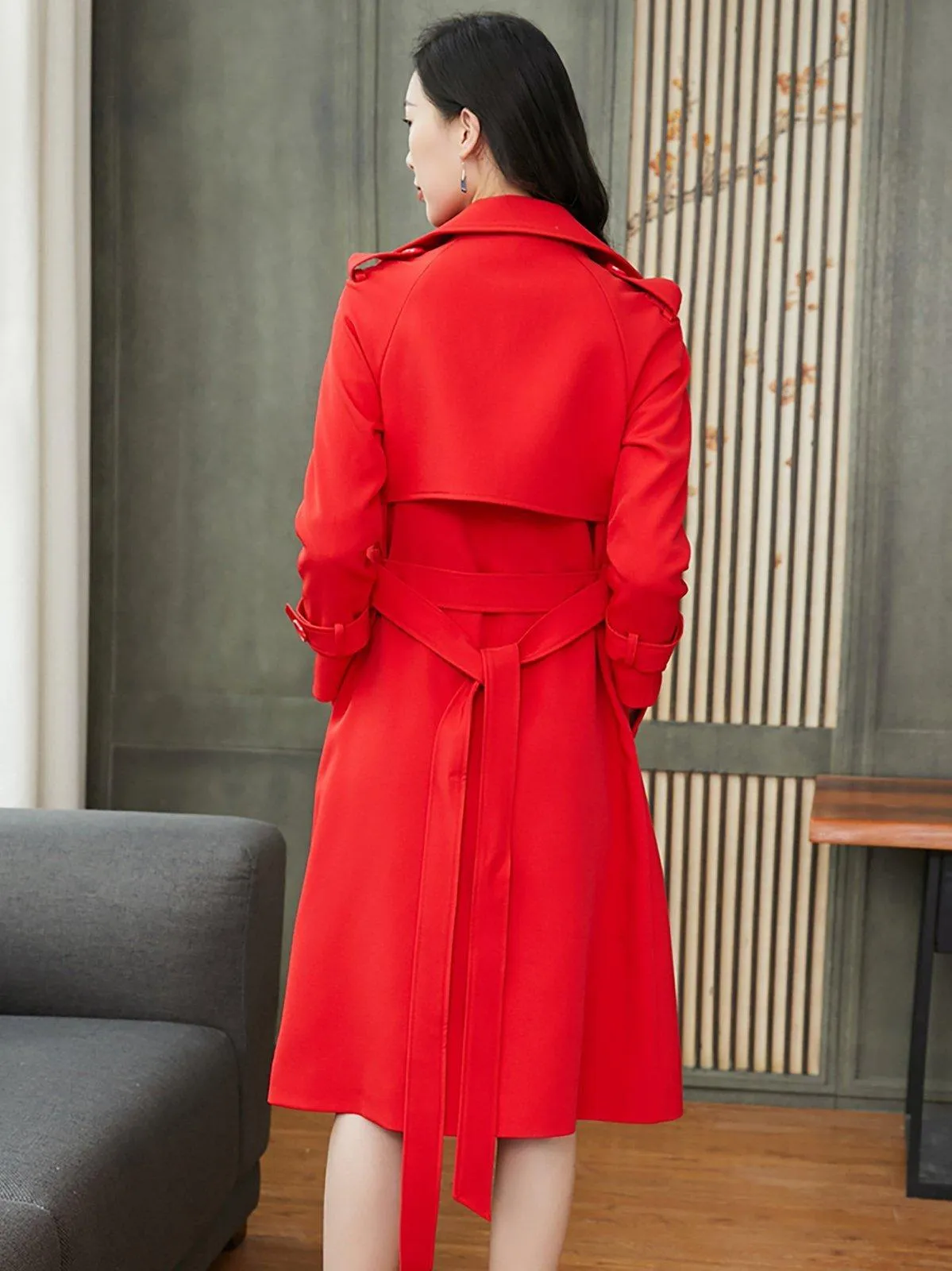 Custom Double Breasted Belted Red Trench Coat