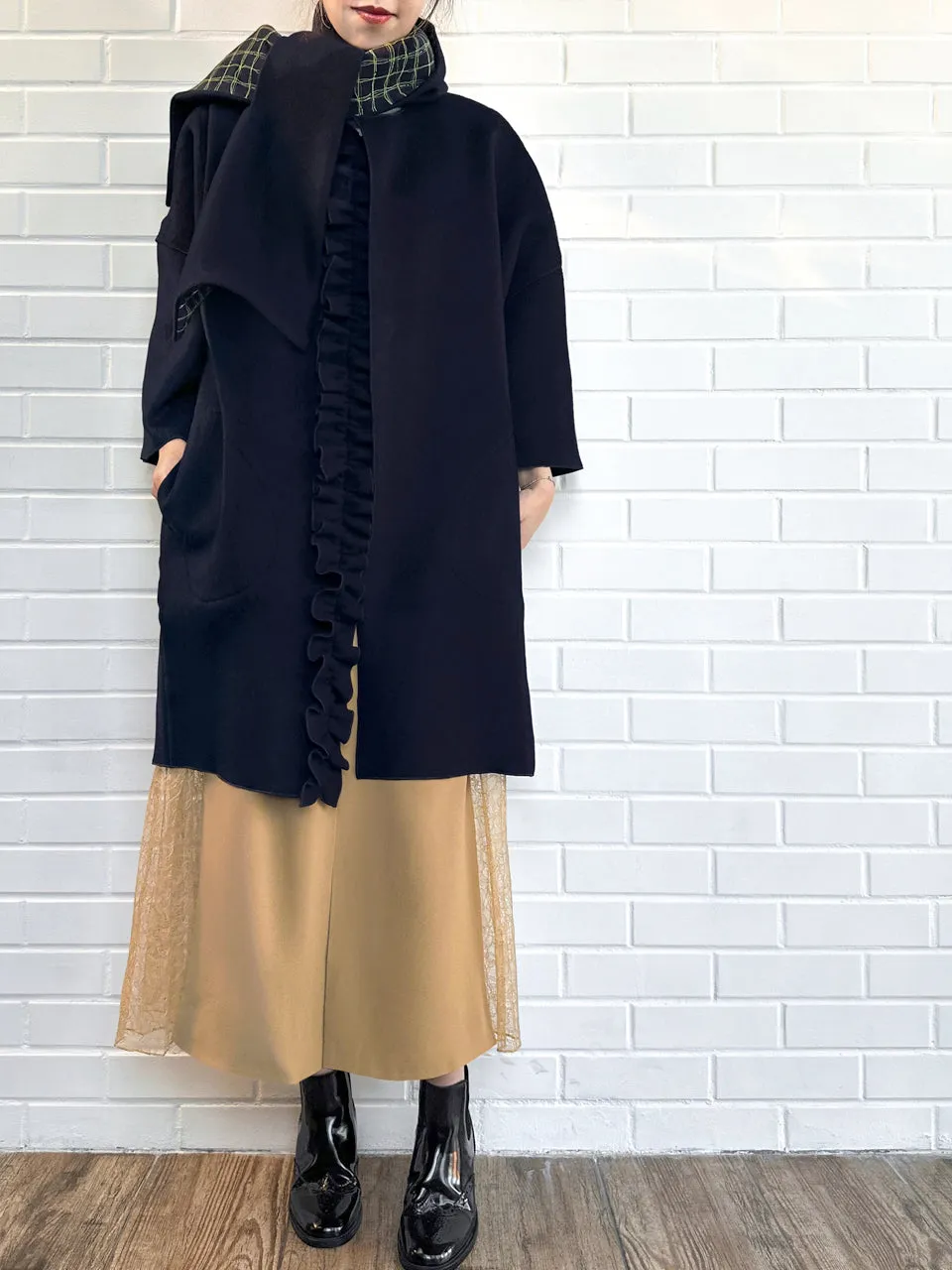 Dark Navy Ruffled Cashmere Luxury Cocoon Coat with Matching Scarf