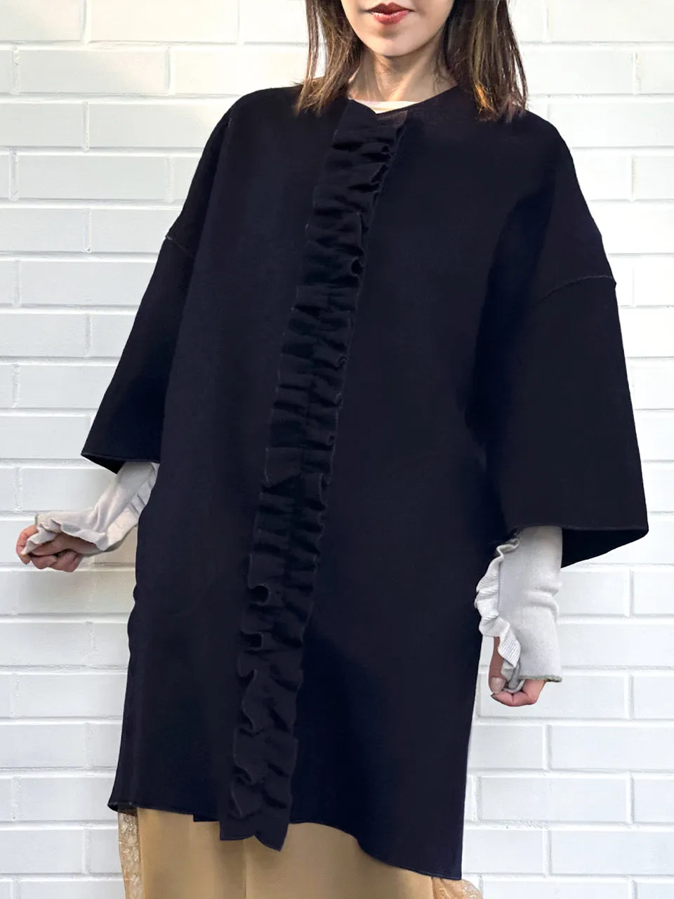 Dark Navy Ruffled Cashmere Luxury Cocoon Coat with Matching Scarf