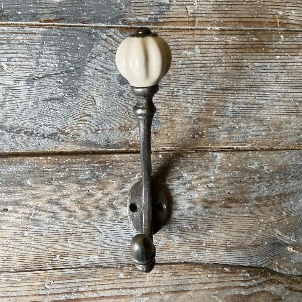 Double Iron Coat Hook - Ceramic Knob