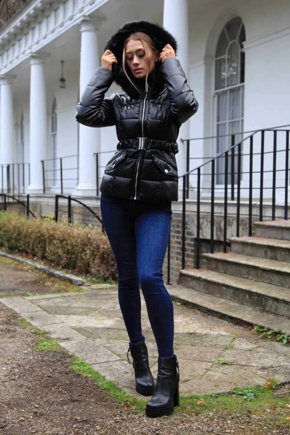 Double Second Black Vegan Leather Short Puffer