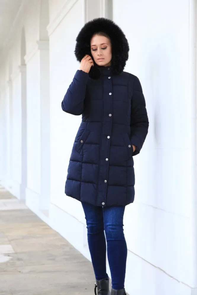 Double Second Navy Long Puffer With Fur Collar