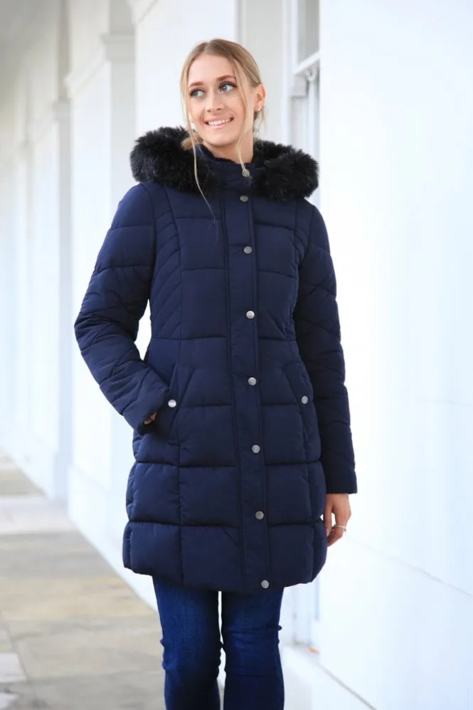 Double Second Navy Long Puffer With Fur Collar