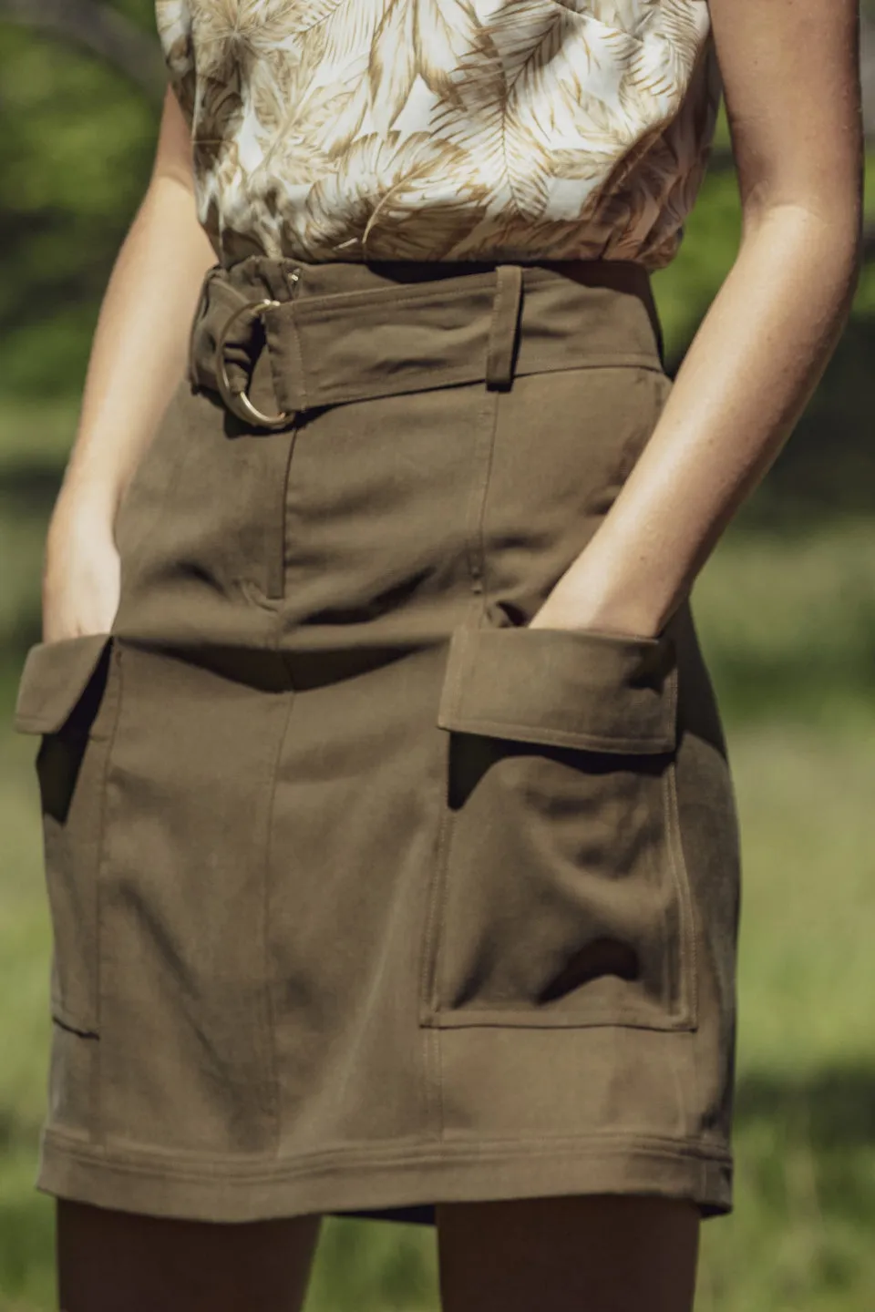 Eclipse Side Pockets Khaki Mini Skirt