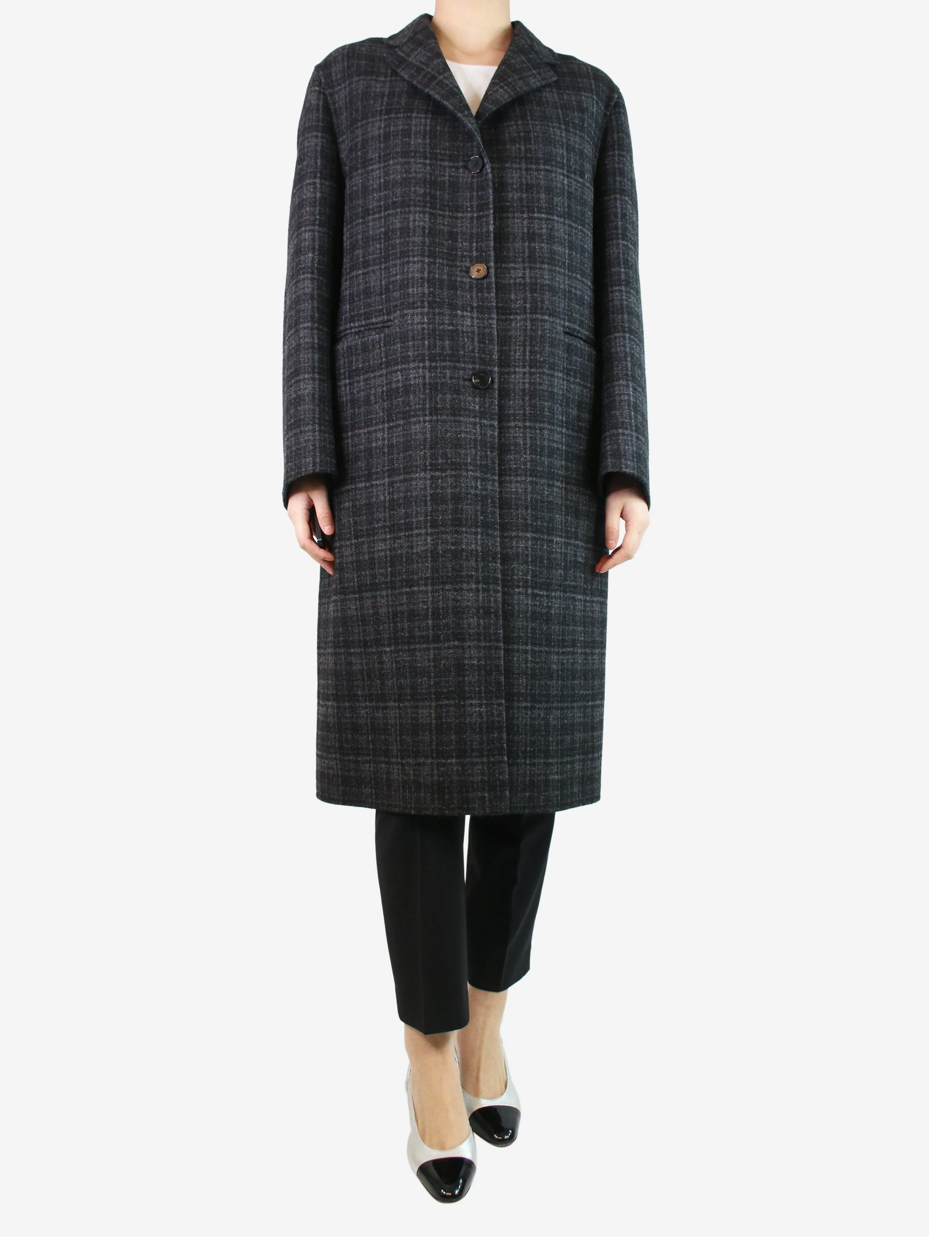 Grey checkered wool-blend coat - size UK 8