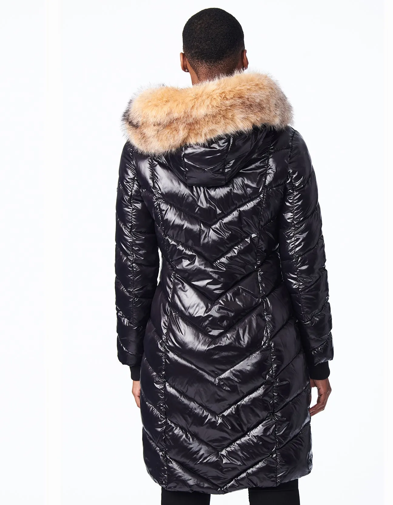 HERRINGBONE GLOSSY PUFFER COAT