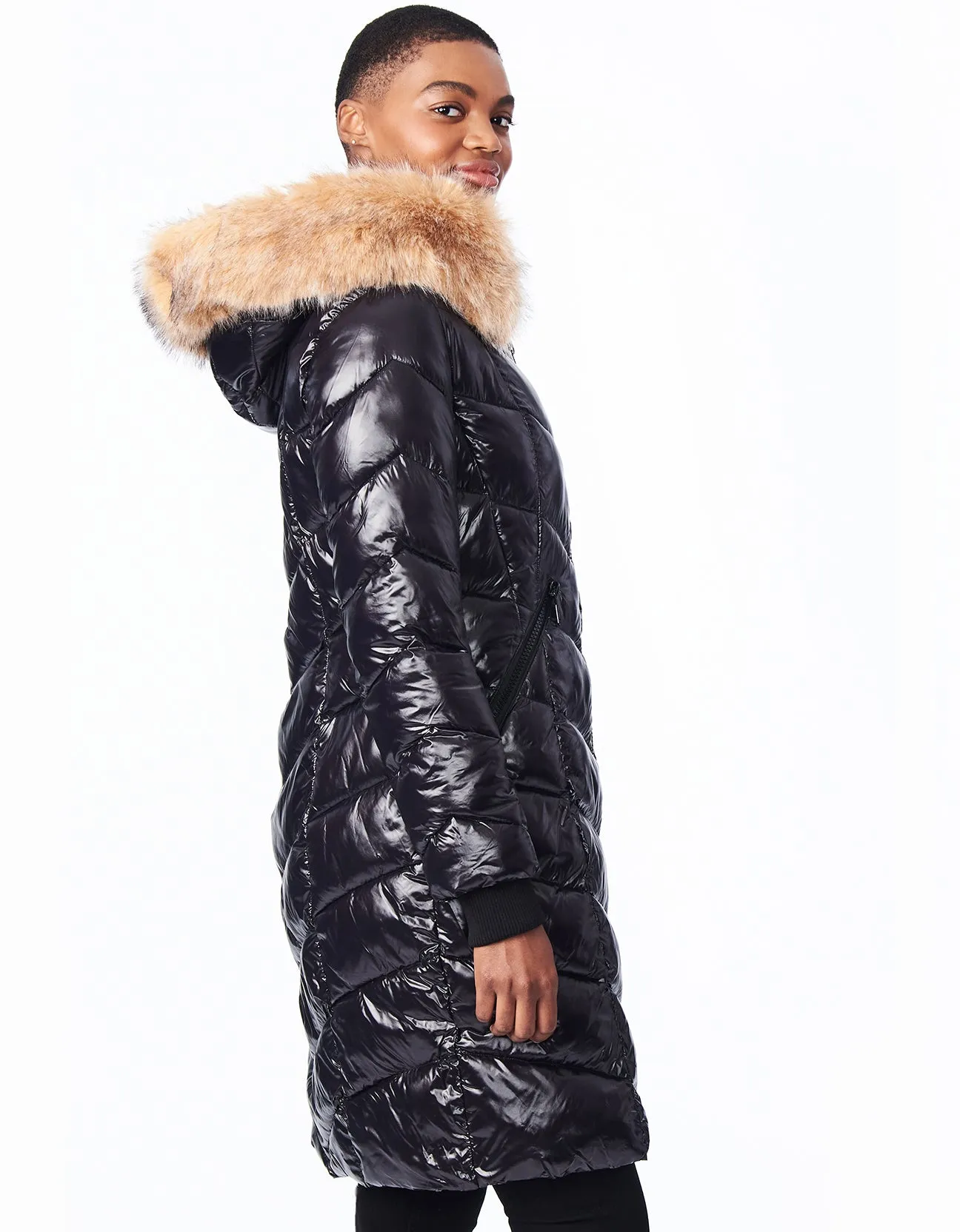 HERRINGBONE GLOSSY PUFFER COAT