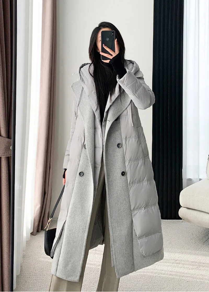 Hooded Patchwork Double Breasted Down Puffer Coat