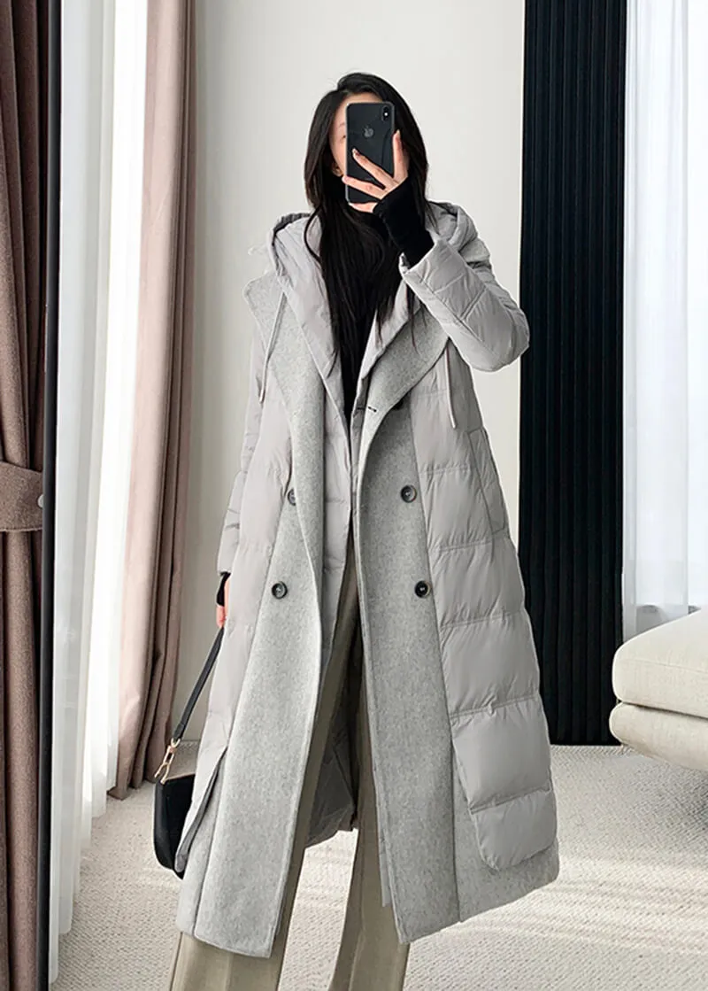 Hooded Patchwork Double Breasted Down Puffer Coat