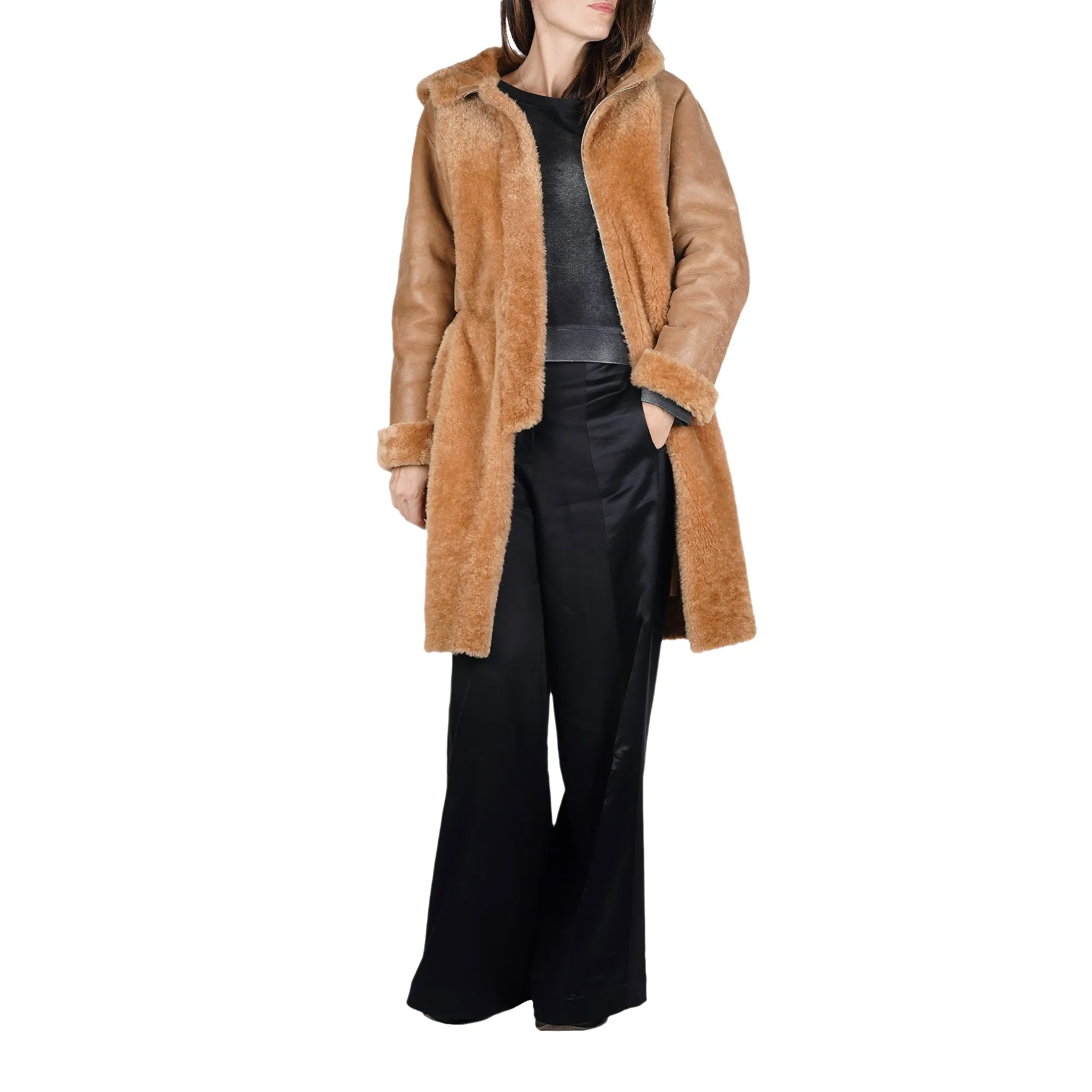 Hooded Shearling Coat Camel