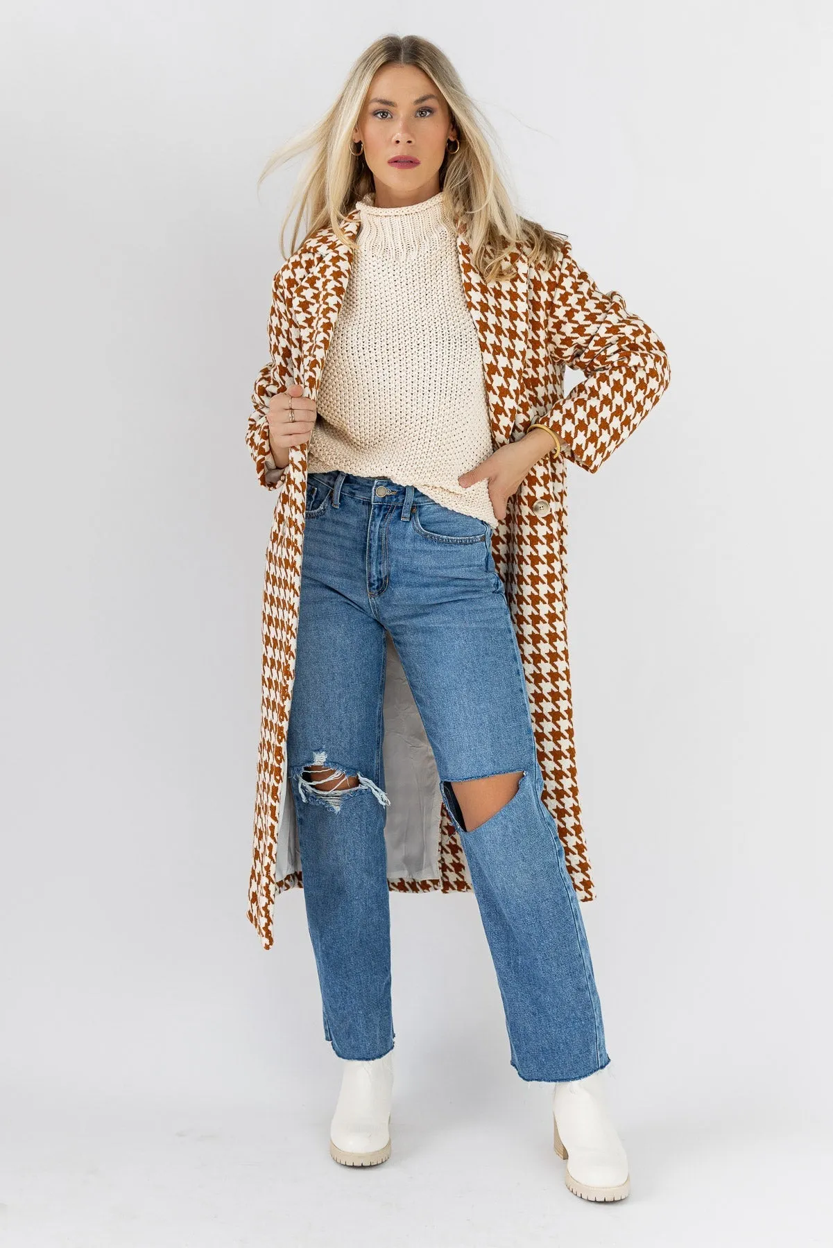 Houndstooth Hues Rust Button Coat - Final Sale