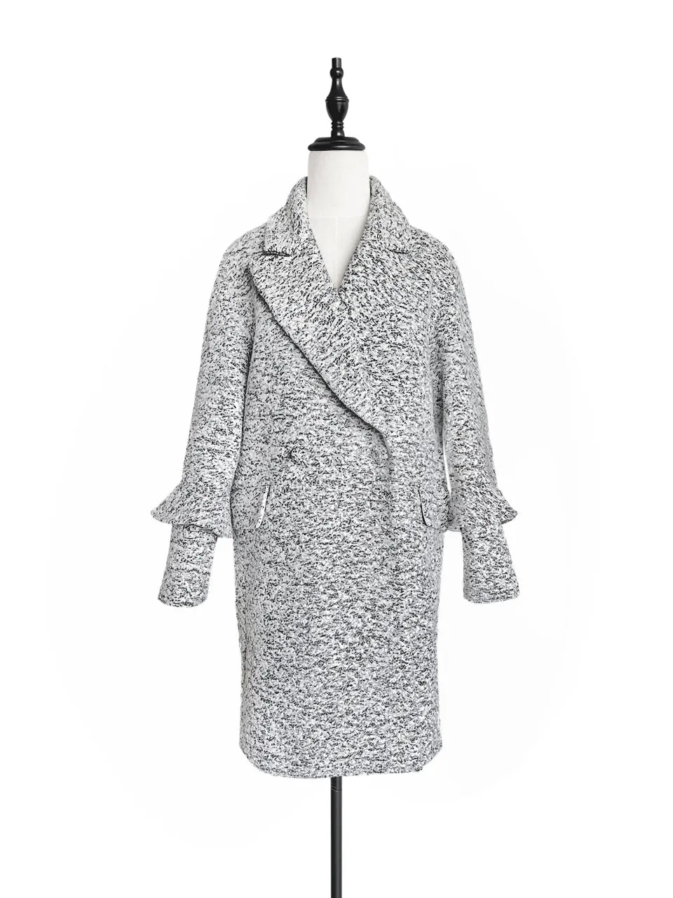 Last Chance! Grey Marl Ruffle Trimmed Woollen Cocoon Coat