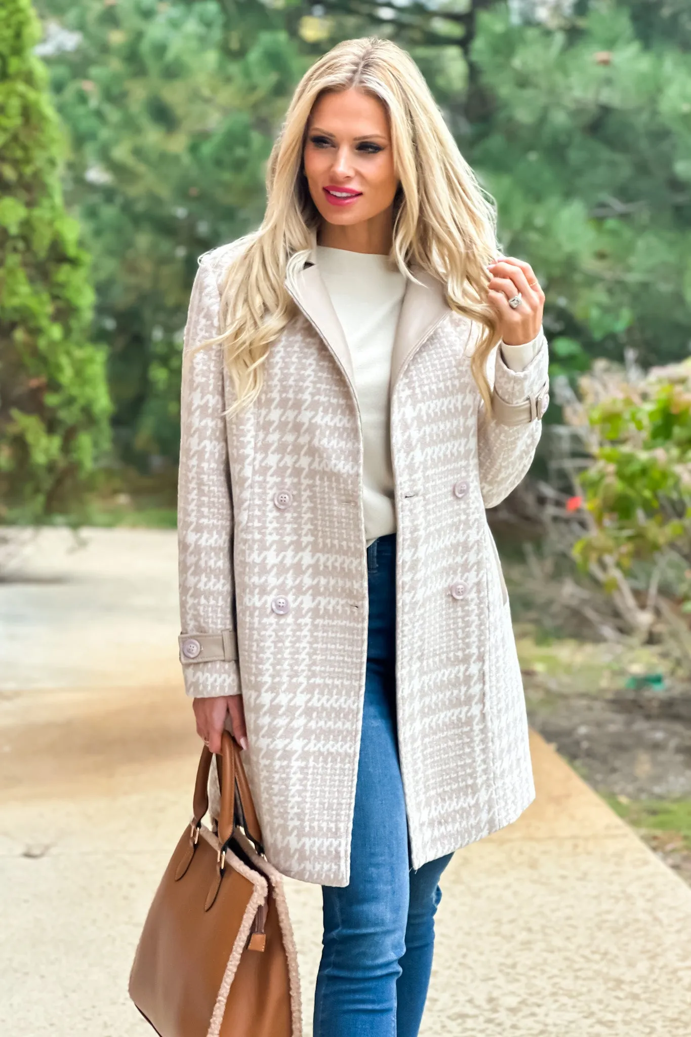 Lead The Way Faux Leather Trimmed Houndstooth Coat : Beige/Cream